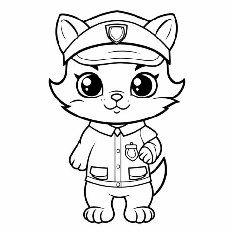 Black and White Cartoon Illustration of Cute Cat Police Officer