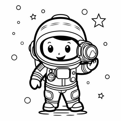 Black And White Cartoon Illustration of Cute Astronaut Comic Cha