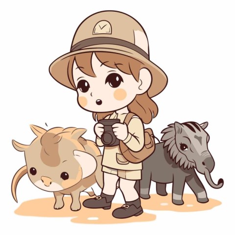 Girl in safari costume with a dog and a wild boar