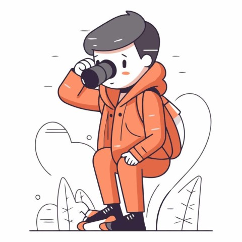 Young man with binoculars in cartoon style.