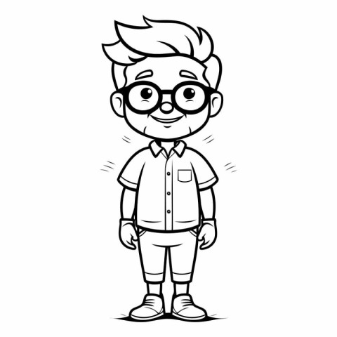 Outline illustration of a cartoon boy wearing glasses and a shir