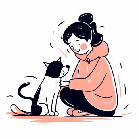 Vector illustration of a girl with a dog in her arms. The girl i