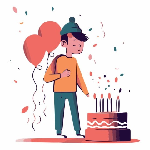 Happy man with birthday cake and balloons in cartoon style