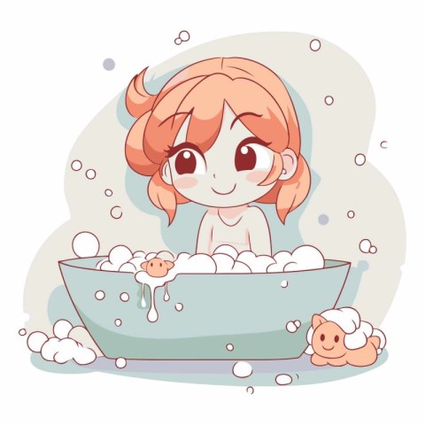 Cute cartoon girl taking a bath with foam.