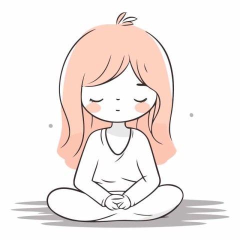 Illustration of a Cute Little Girl Meditating on White Backgroun