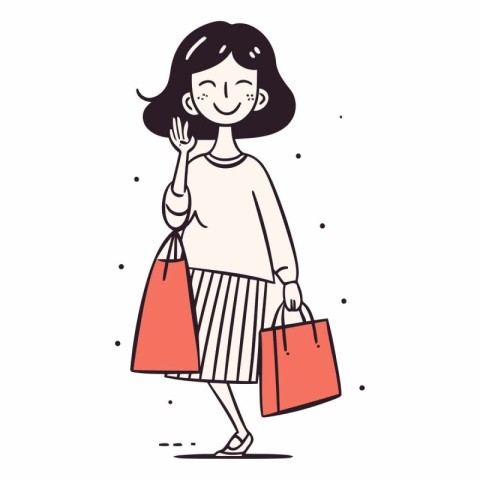 Illustration of happy woman with shopping bags in doodle style.