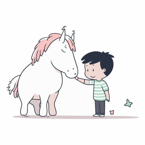 Cute little boy and white unicorn in cartoon style