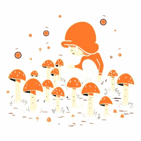 Little girl in a hat among mushrooms on white background.