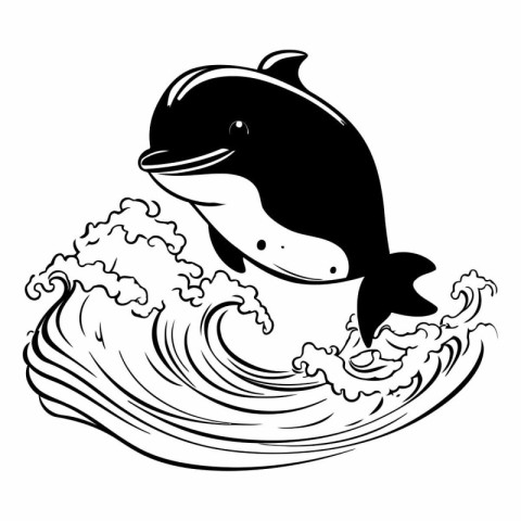 Black and white illustration of a killer whale jumping out of th