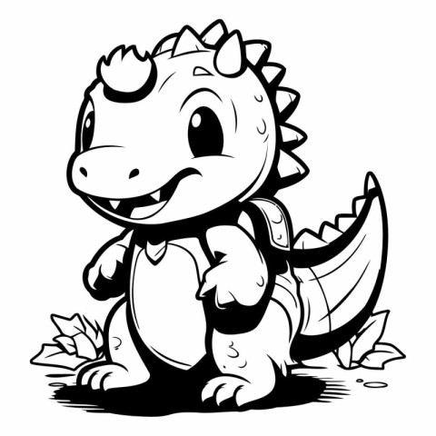 Cute Dinosaur - Black and White Cartoon Illustration. Vector Art