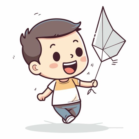 Kid playing with kite. Cute cartoon character vector illustratio