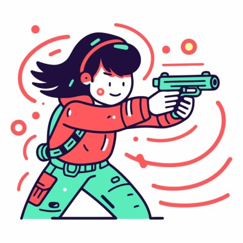 Cute little girl with a gun in a flat style.