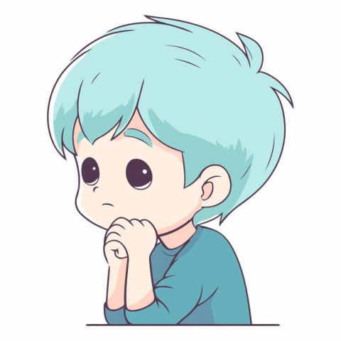 Illustration of a Cute Little Boy with Blue Hair and Thinking