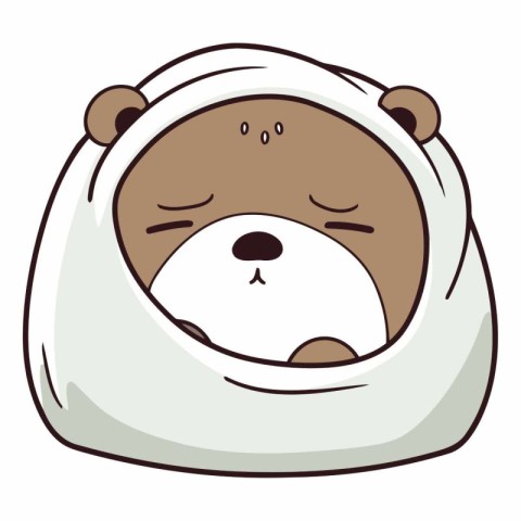 Cute bear sleeping in a bag on white background.