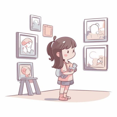 Illustration of a girl looking at pictures in an art gallery.