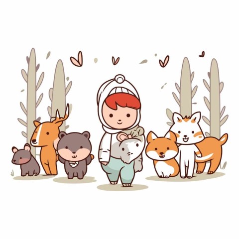 cute little boy with cute animals in the forest vector illustrat