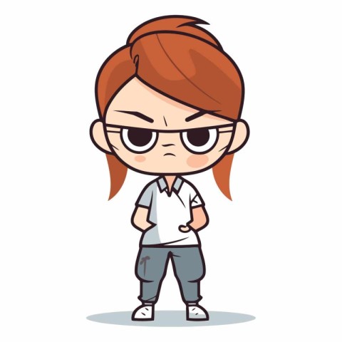 Angry little girl in glasses. Cute cartoon character.