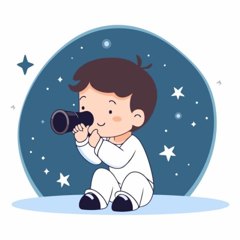 cute little boy with binoculars in the night vector illustration