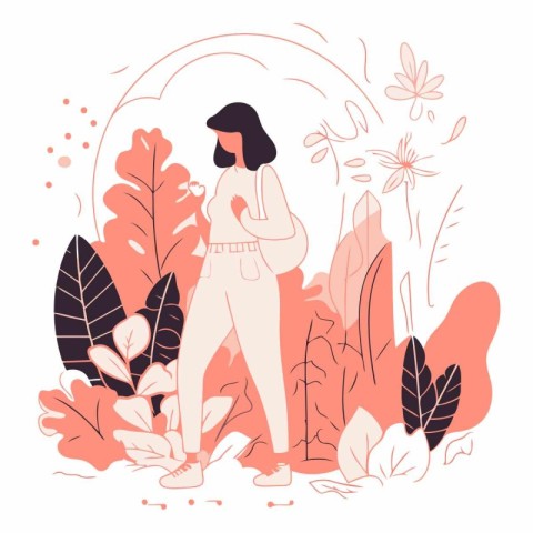 Vector illustration of a young woman standing in the garden with