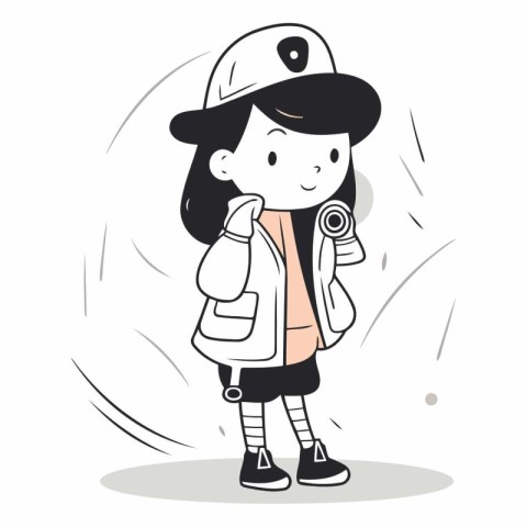 Cute little girl with backpack and cap in cartoon style.