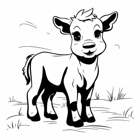 Black and white vector illustration of a calf standing in the gr