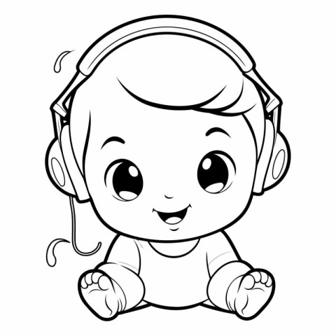 Cute baby boy with headphones - Coloring book for children.