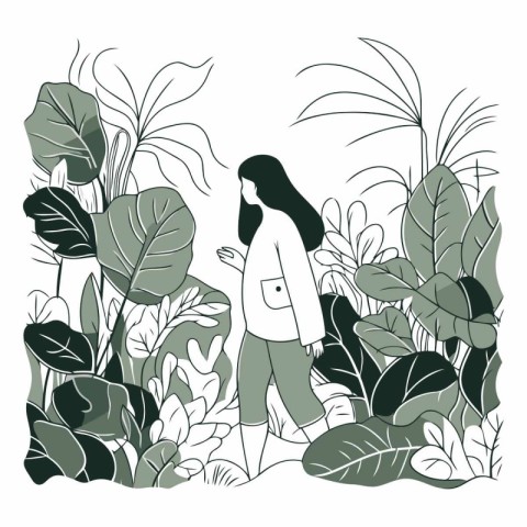 Vector illustration of a girl in a coat among the tropical plant