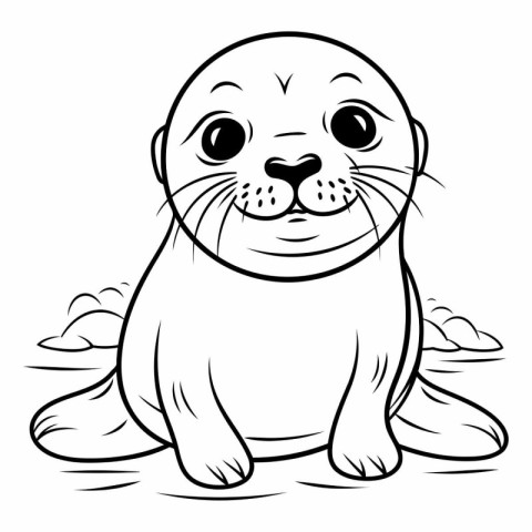 Coloring book for children: cute seal sitting on the sand.