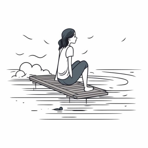 Girl sitting on a pontoon in the sea.