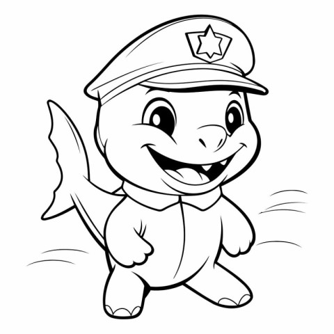 Black and White Cartoon Illustration of Cute Fish Policeman Char