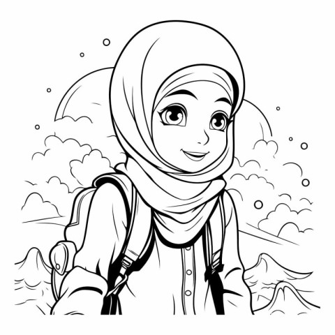 Hijab girl with backpack in black and white.