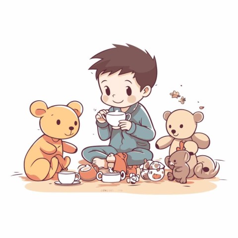 Little boy drinking tea with his teddy bears.