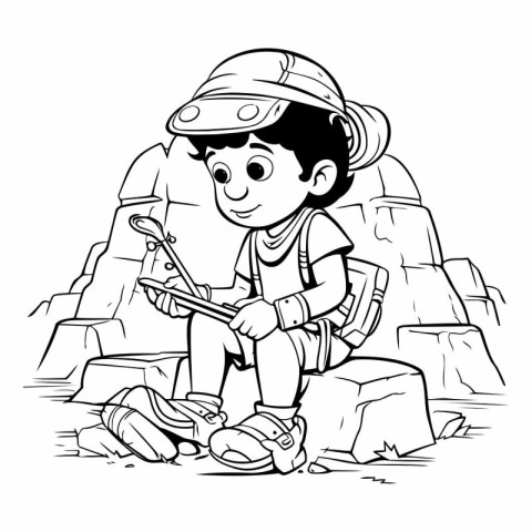 Black and White Cartoon Illustration of Kid Boy Camping on the R