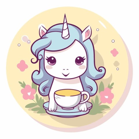 Cute cartoon unicorn with a cup of coffee.