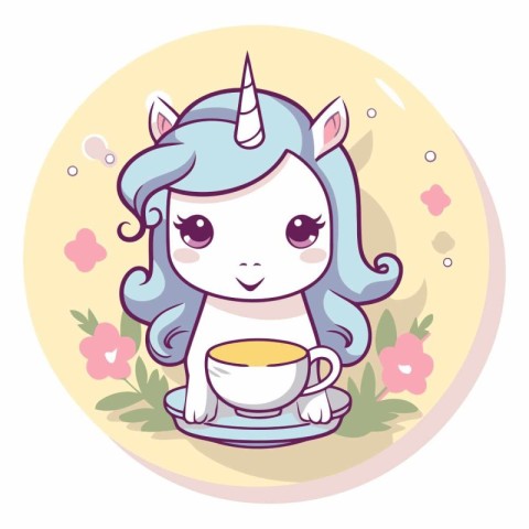 Cute cartoon unicorn with a cup of coffee.