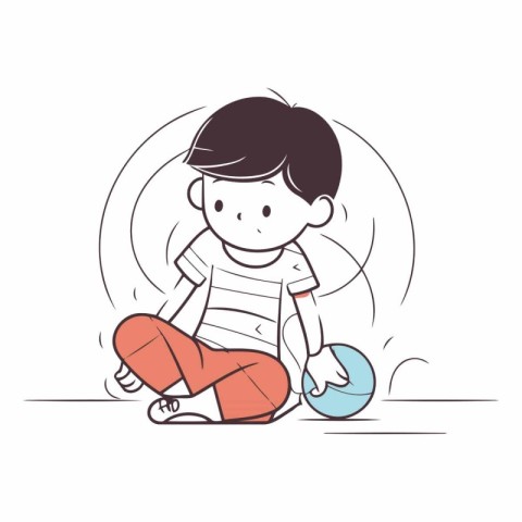 Boy playing with a ball in thin line style.