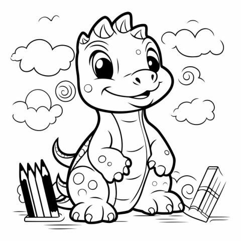 Black and White Cartoon Illustration of Cute Dinosaur with Penci