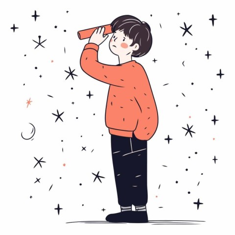 Boy looking through telescope. Vector hand drawn illustration in