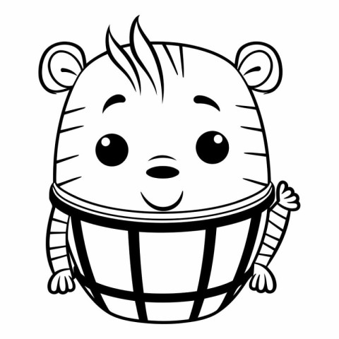 Cute cartoon hamster in hockey puck. Black and white vector illu