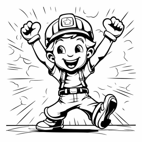 Black and White Cartoon Illustration of Happy Little Fireman or