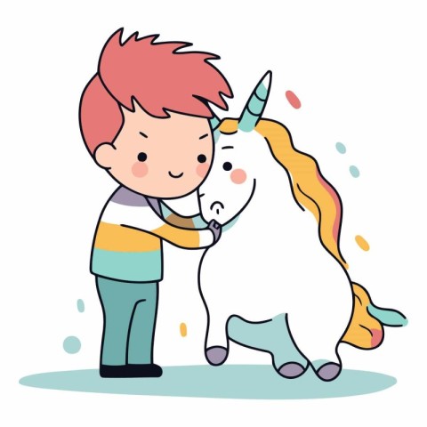 Cute little boy with a unicorn in cartoon style.