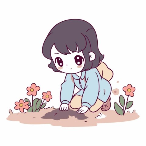 Illustration of a Cute Girl Digging the Ground with Flower