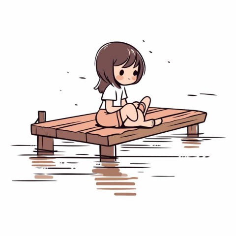 Girl sitting on a wooden bench in the water.