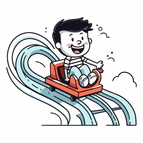 Cartoon happy boy sliding on a snow slide.