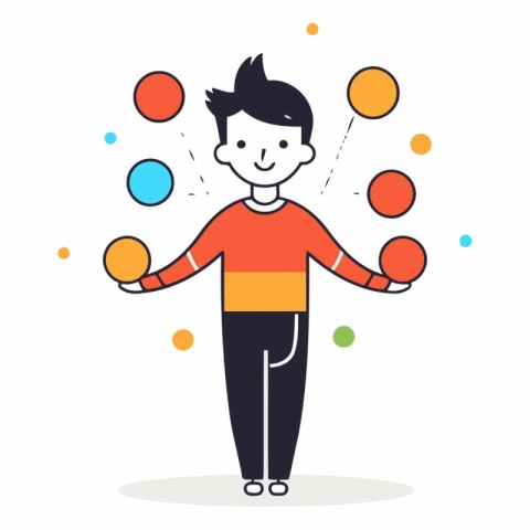 Cartoon man with colorful balls in flat style.