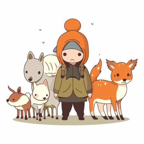 Little girl in winter clothes with a group of animals