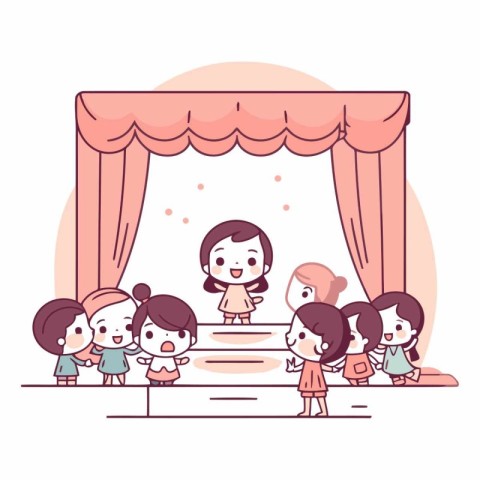 Illustration of a theatre stage with children and curtains - Vec