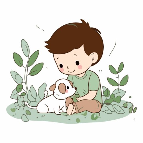 Cute boy playing with a dog in the garden.