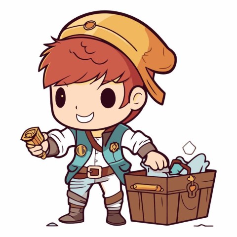 Cute boy with a treasure chest in cartoon style.