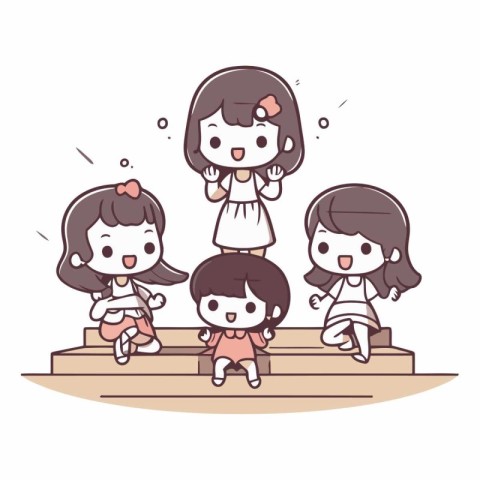 Illustration of a happy family sitting on a wooden stairway.